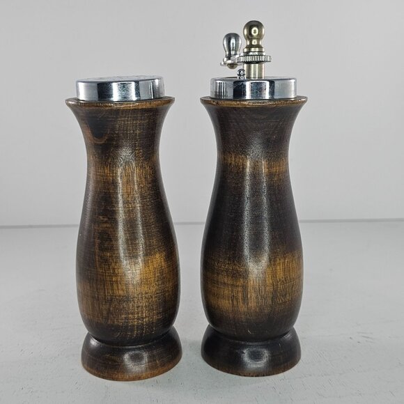 Vintage Catalina Japan Wooden Salt Pepper Grinder Set Metal Accents - Picture 4 of 8